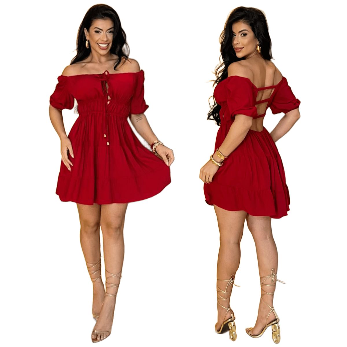 Vestido Feminino Ombro a Ombro com Babados Manga 3/4 Modelo Elegante com Bojo