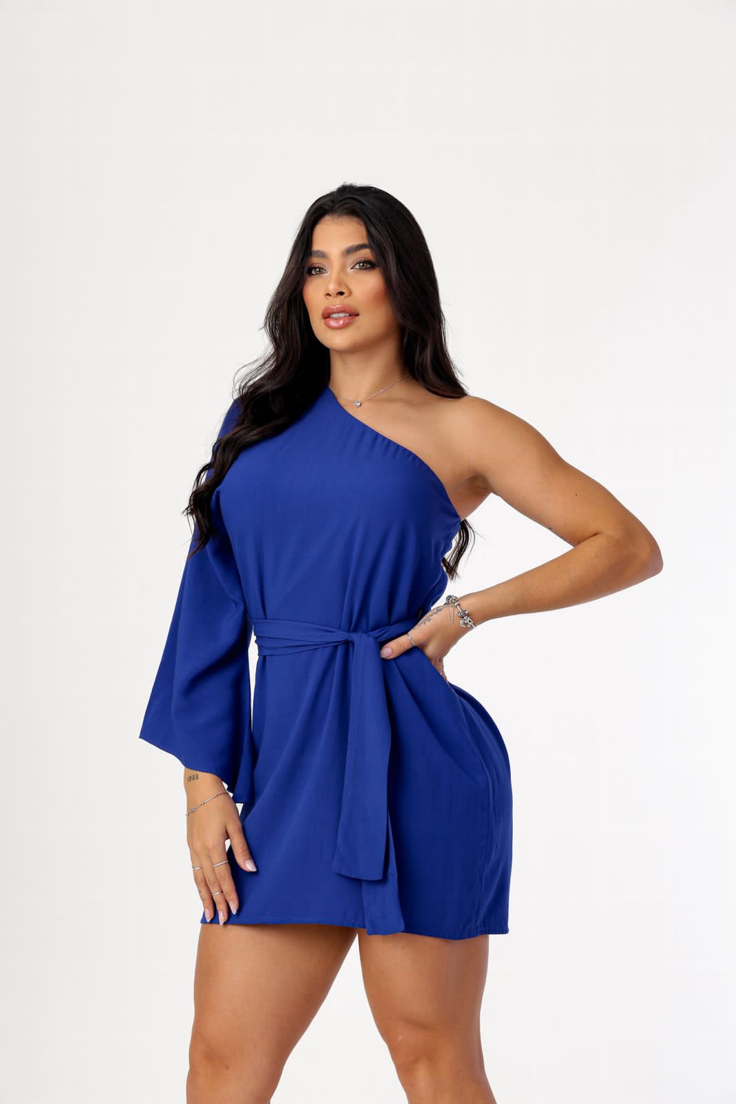 Vestido Mula manca com Manga Solta e Facha na Cintura