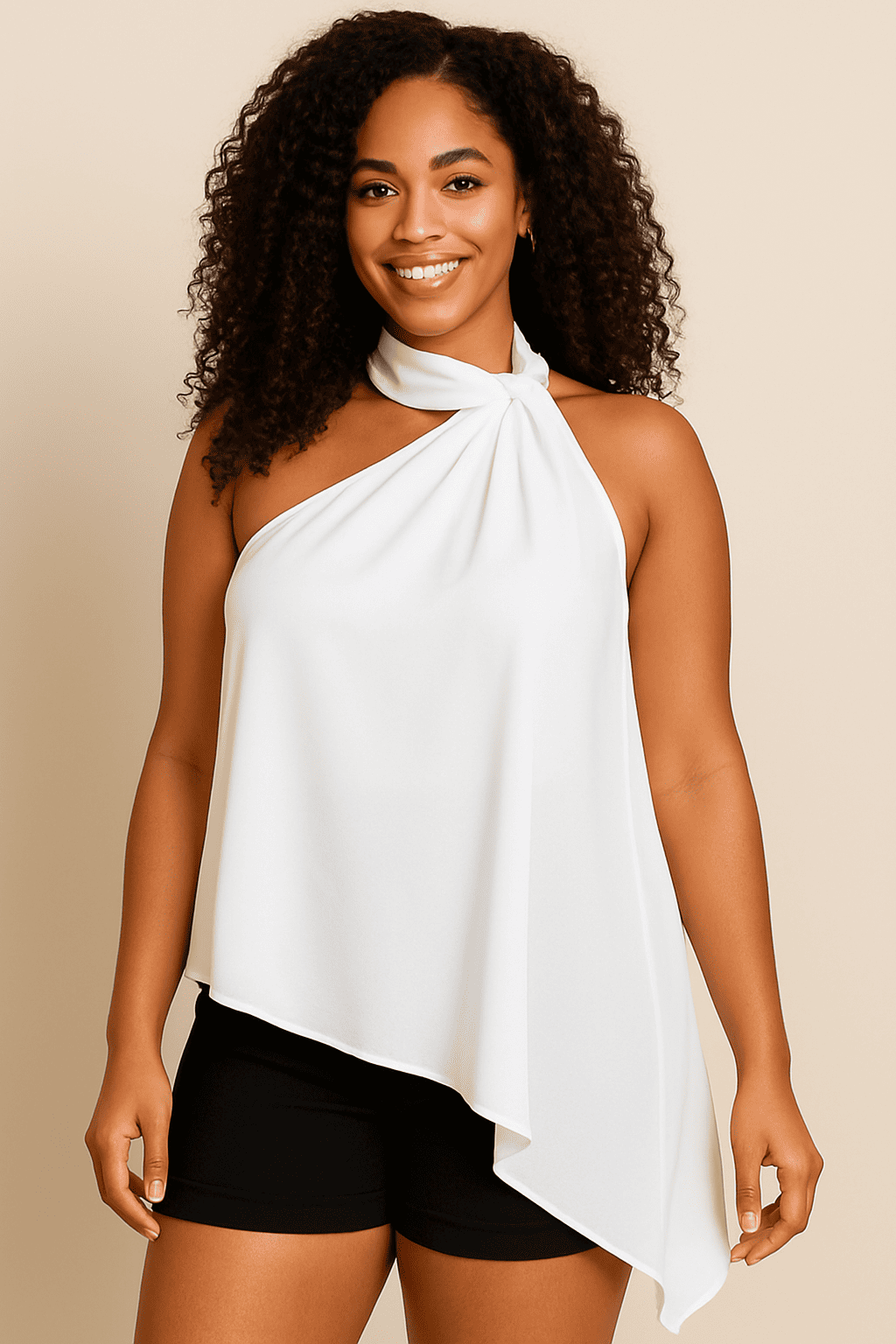 Blusa Assimétrica com Faixa no Pescoço e Bico Lateral