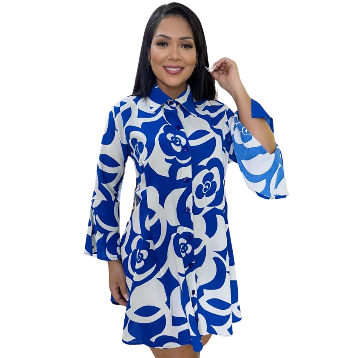 Vestido Largo de Babados com Pregas no Corpo com Mangas e punho em Babados