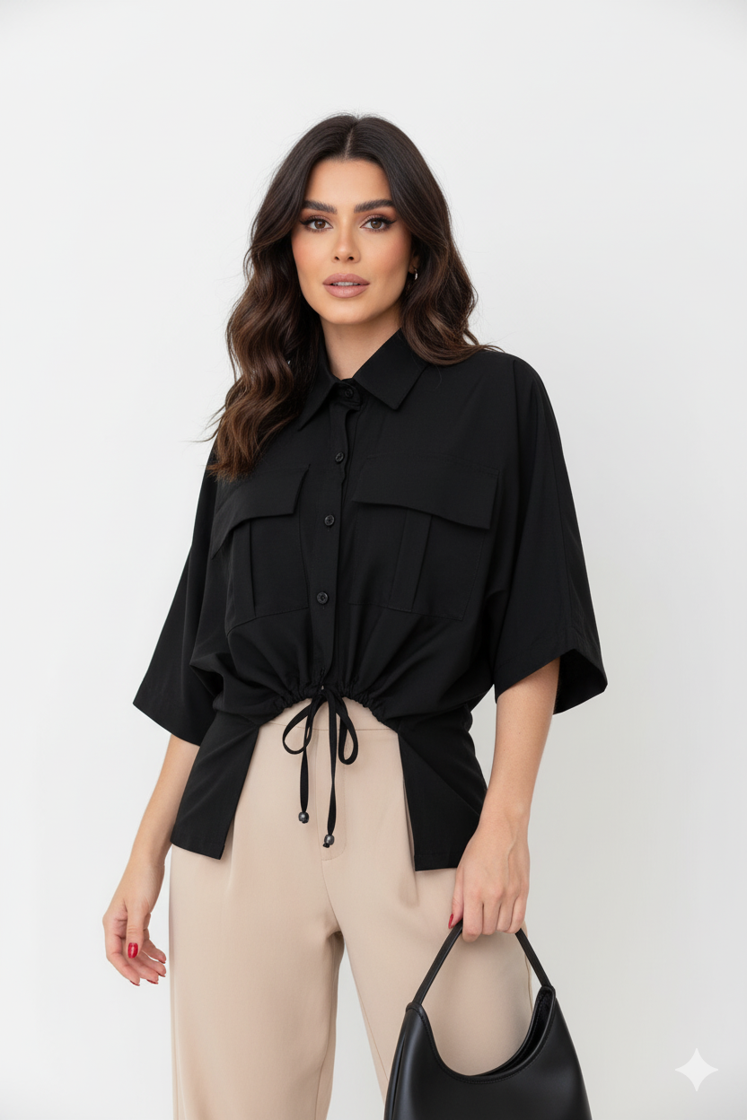 Camisa Larga com Bolsos e Rolite Ajuste Cintura