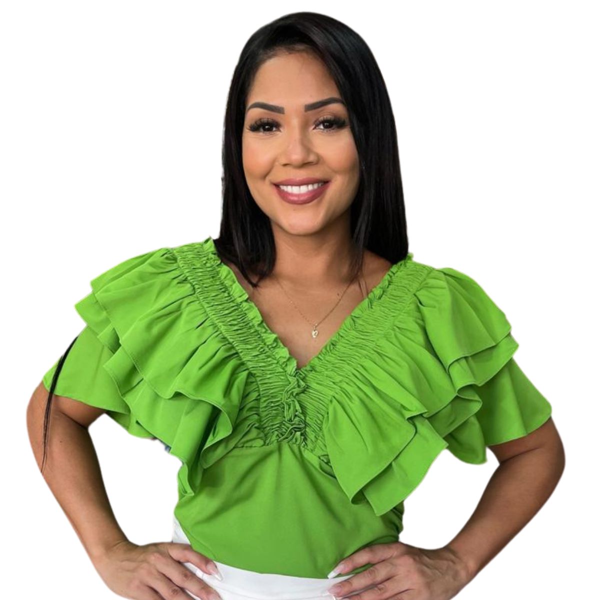 Blusa com Facha em Lastek e Babados nas Laterais dos Ombros