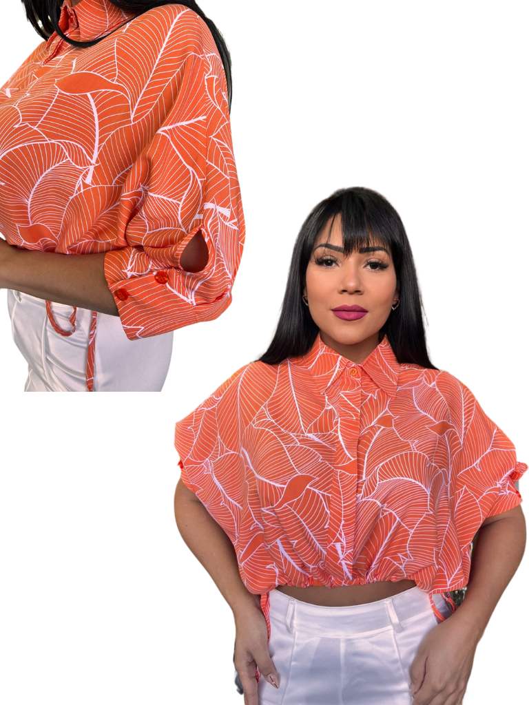 Camisa Curta com rolite na cintura com Manga 3x4