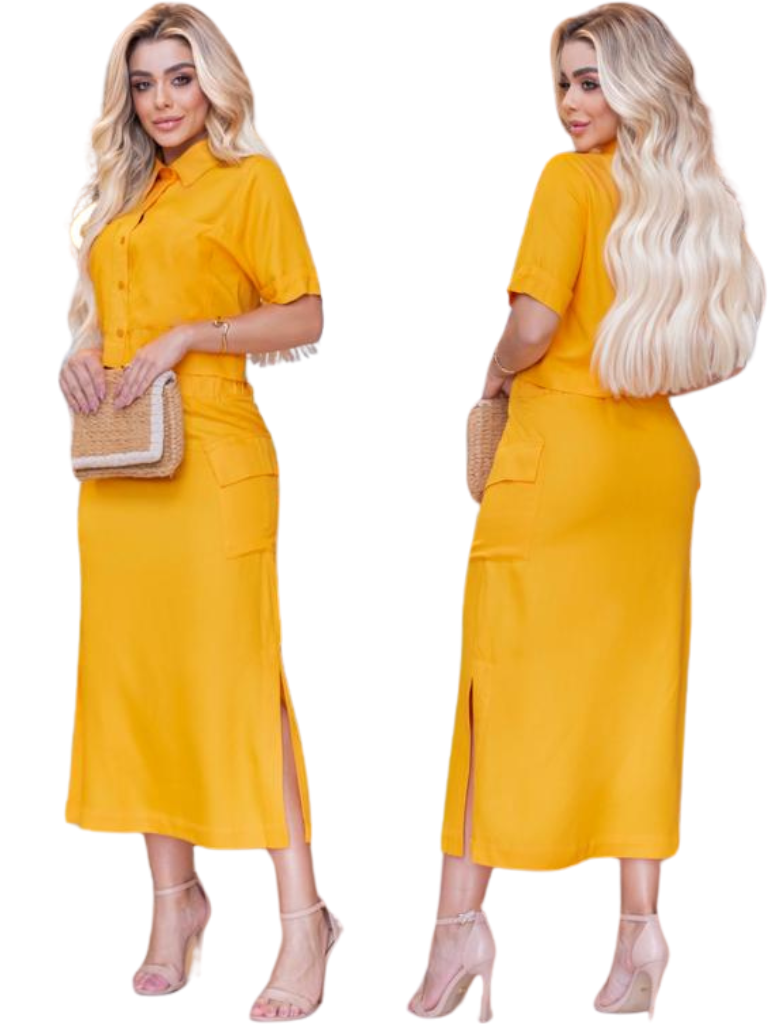 Saia Cargo Midi com Bolsos Laterais e Cós Elástico – Estilo Moderno e Confortável