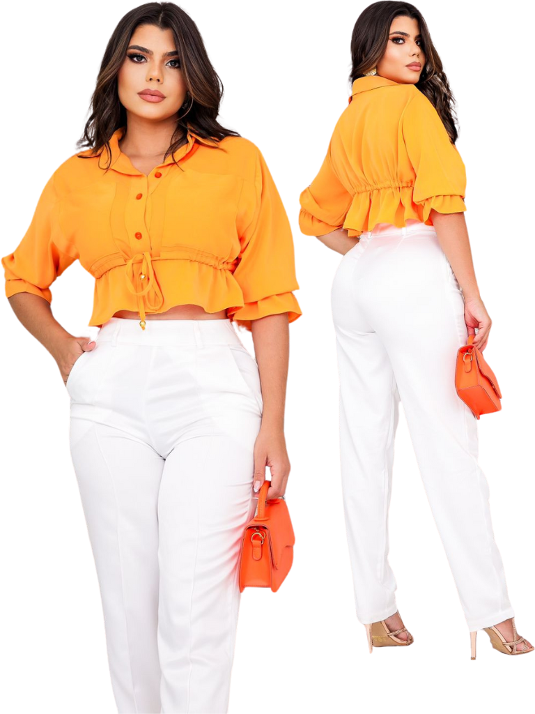 Camisa Curta com rolite na cintura e elastico na Manga 3/4