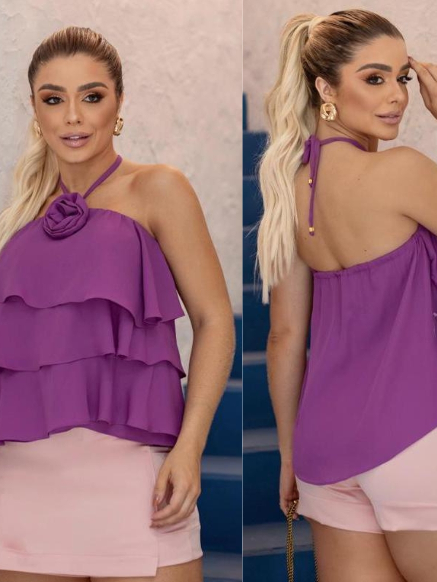 Blusa Feminina Elegante com Babados e Detalhe Floral – Alça Ajustável e Amarração no Pescoço