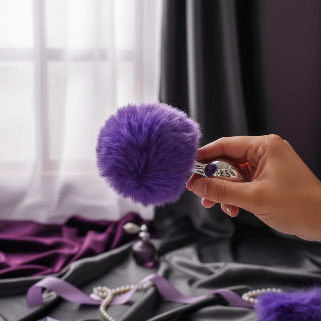 Plug Anal em Aço Prateado com Pompom