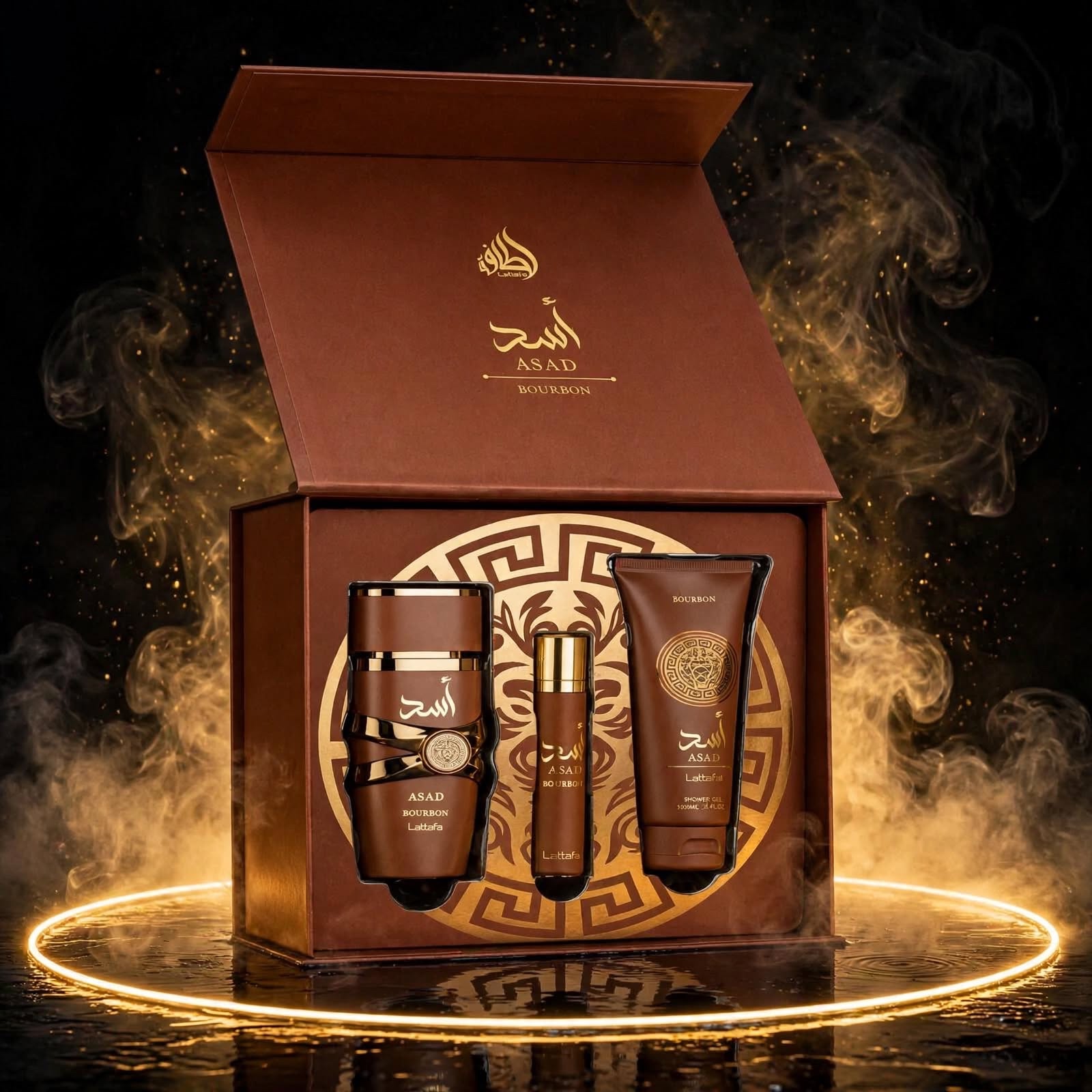 Kit Perfumaria Lattafa Asad Bourbon 300ml Shower Gel Marrom