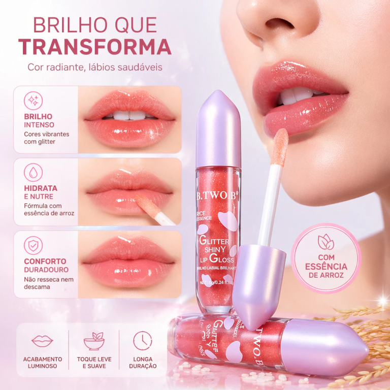 Gloss Labial com Glitter Lip Gloss Hidratante Brilho Intenso Não Pegajoso Efeito Espelhado BTB-171