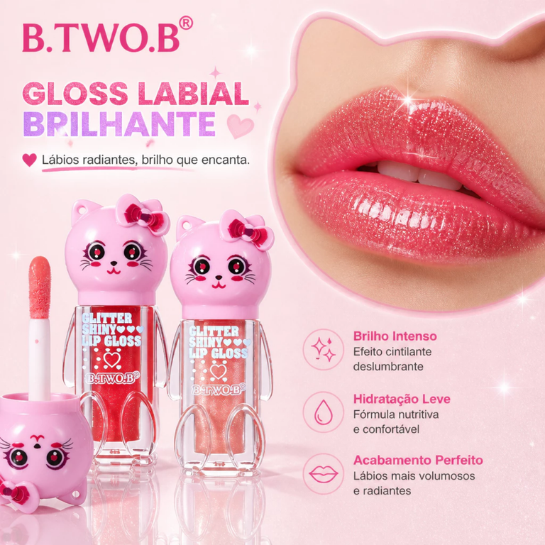 Gloss Labial Glitter Shiny Hidratante Brilho Intenso Efeito Volumoso Longa Duração BTB-220