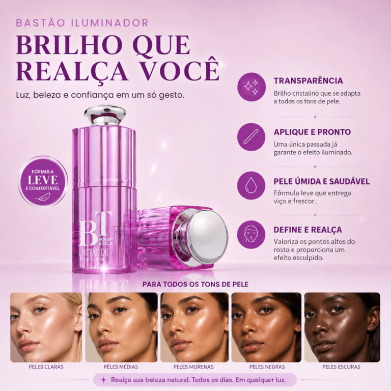 Iluminador Stick Facial Cremoso Glow Radiante Longa Duração Alta Pigmentação Fácil Aplicação - BTB-238