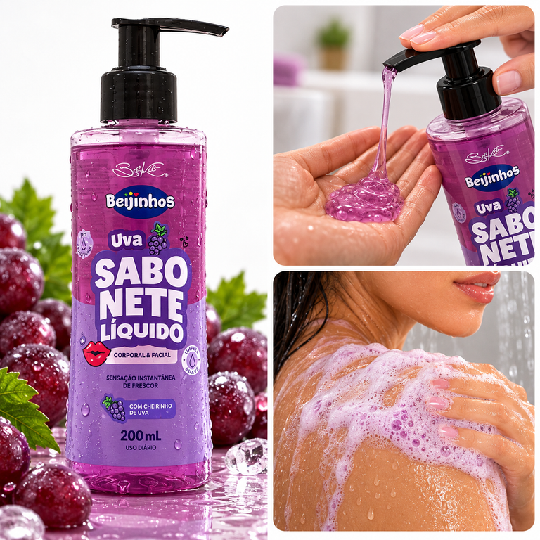 Sabonete Líquido Facial e Corporal Beijinhos Uva com 200ml BelKit