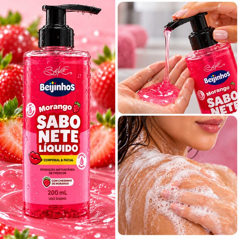 Sabonete Líquido Facial e Corporal Beijinhos Morango com 200ml BelKit