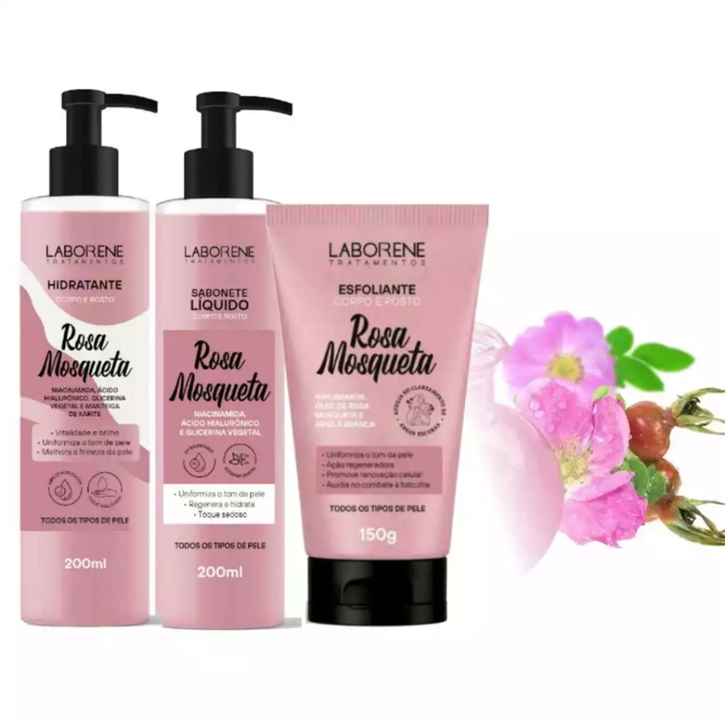 KIT BANHO PREMIUM SABONETE ESFOLIANTE E HIDRATANTE ROSA MOSQUETA LABORENE