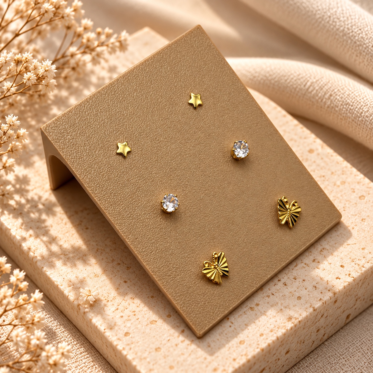 Trio de brinco dourado estrela, ponto de luz e borboleta