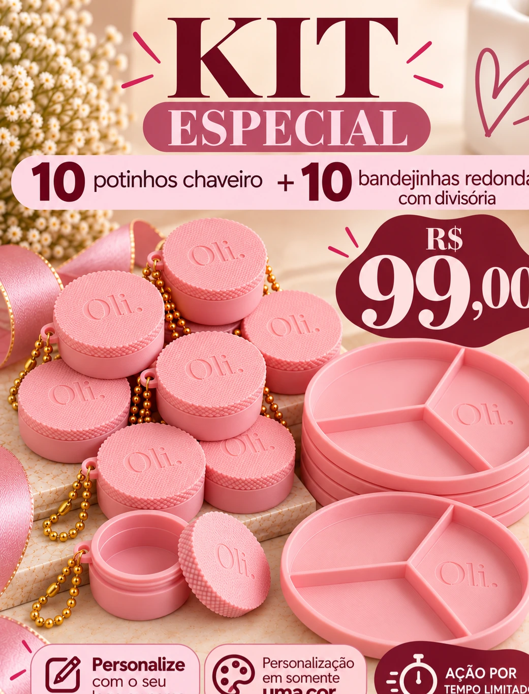 HOJE: 10 CHAVEIROS POTINHO REDONDO + 10 BANDEJAS redonda divisória - 1 COR - PERSONALIZE O SEU
