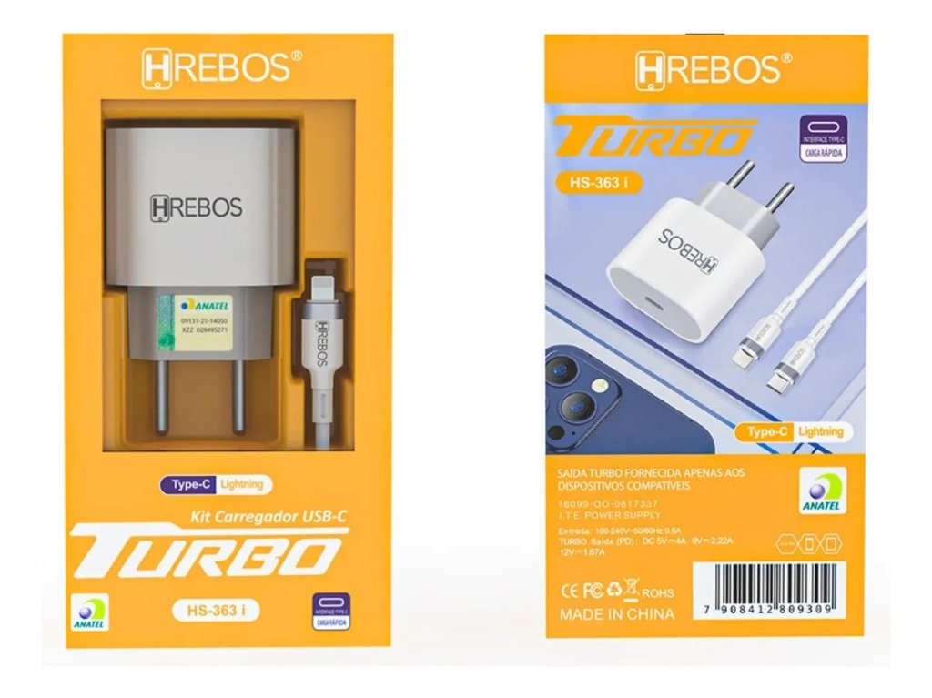 Kit Carregador Hrebos HS-363 - Fonte 20w Novo Padrão USB-C + Cabo Turbo