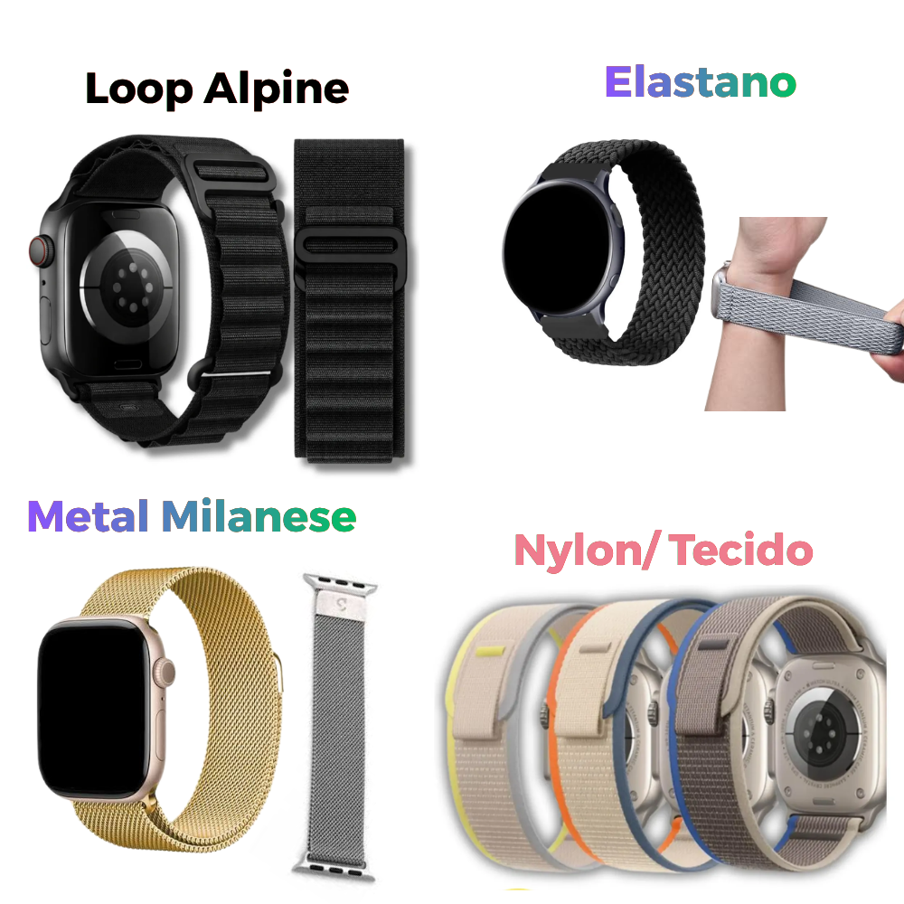 PULSEIRAS PREMIUM PARA SMARTWATCH: TECIDO, ALPINE, ELASTANO OU METAL MILANESE 42-49MM
