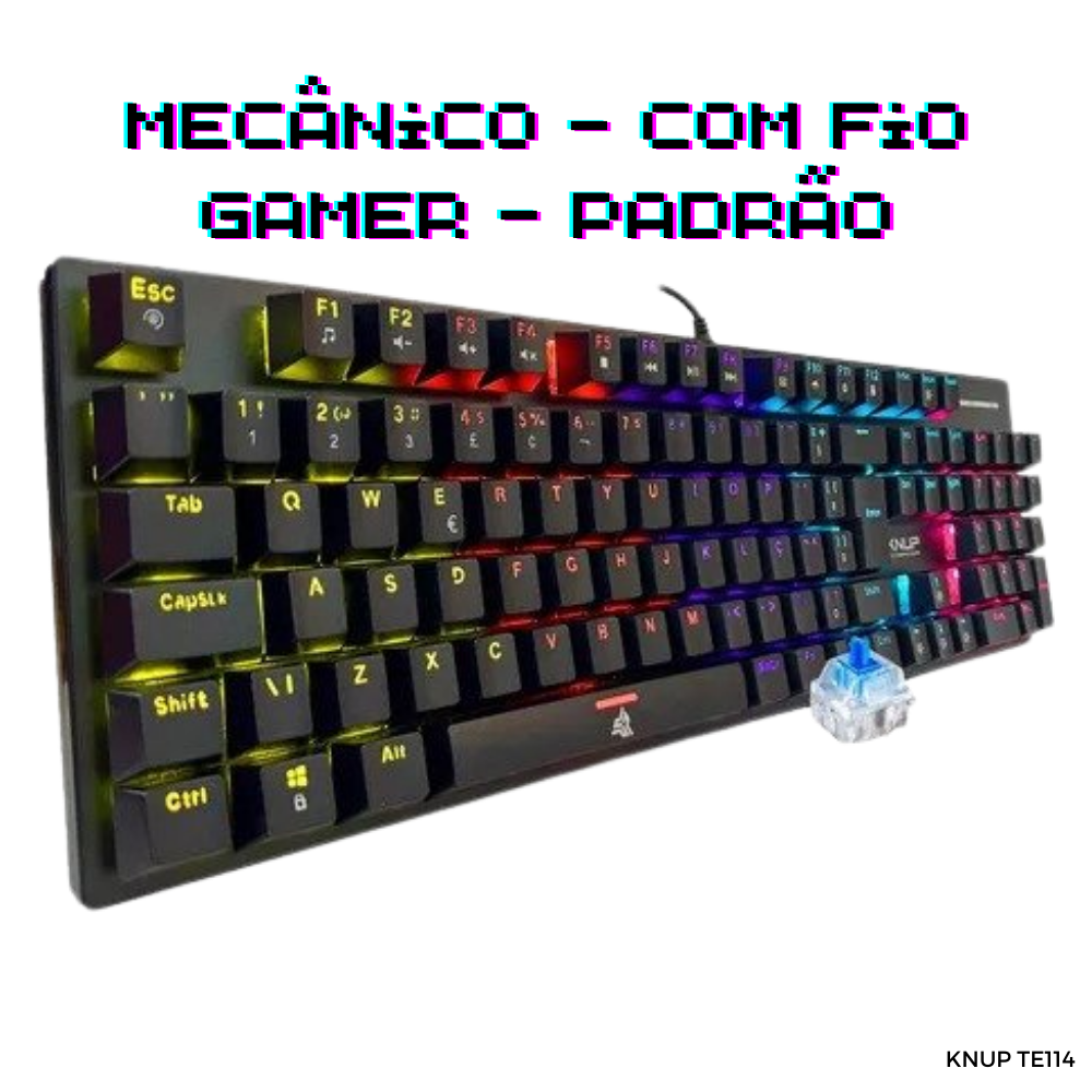Teclado 100% Mecânico com Fio - Knup TE114 - Gamer com Efeitos LED e Switch Azul