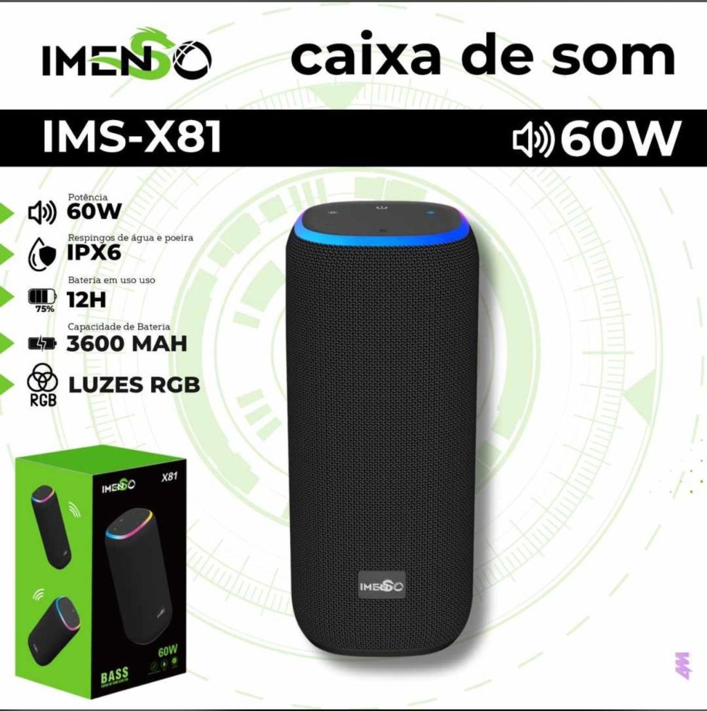 Caixa de Som Imenso X81 60w Qualidade Espetacular com Leds e alça de mão - Bateria de até 12 horas !