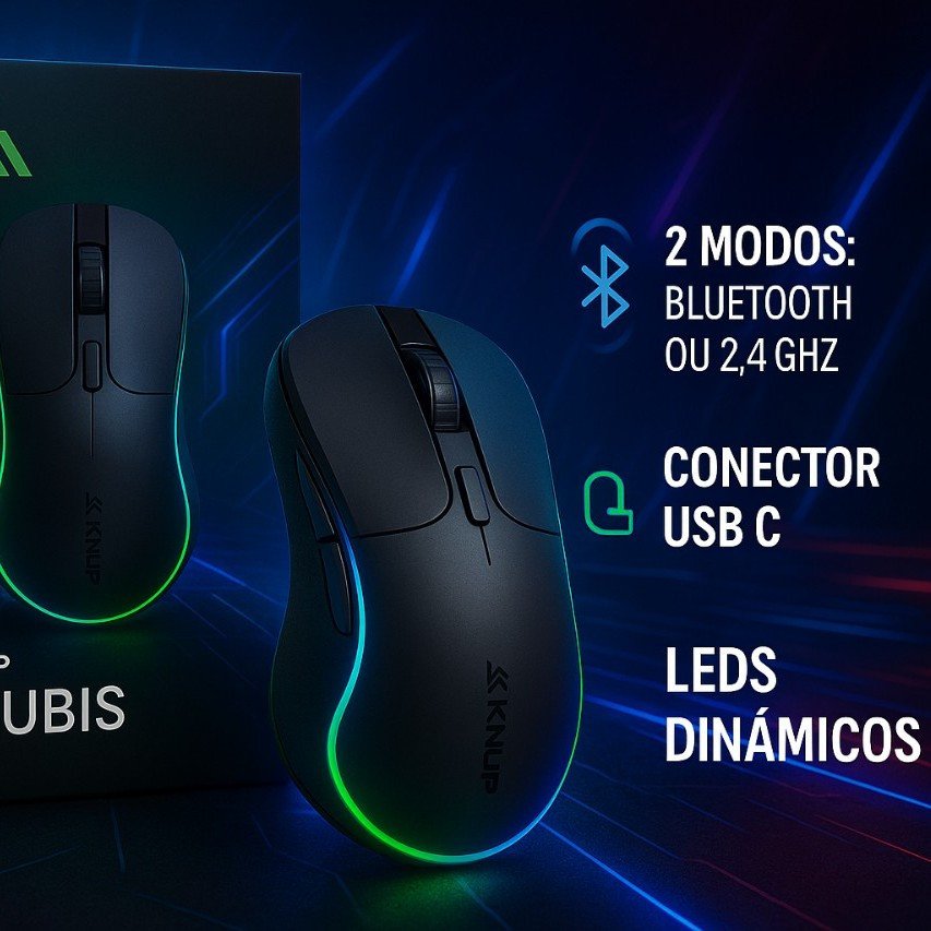 Mouse Gamer Sem Fio Knup Anúbis 6 botões Sem Fio Bluetooth ou 2.4Ghz com LEDs