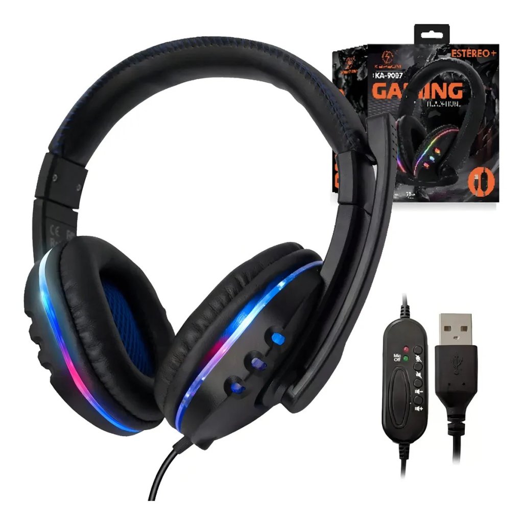 Headset Gamer Kapbom USB LEDS e Microfone - Compatível com PC e consoles via USB