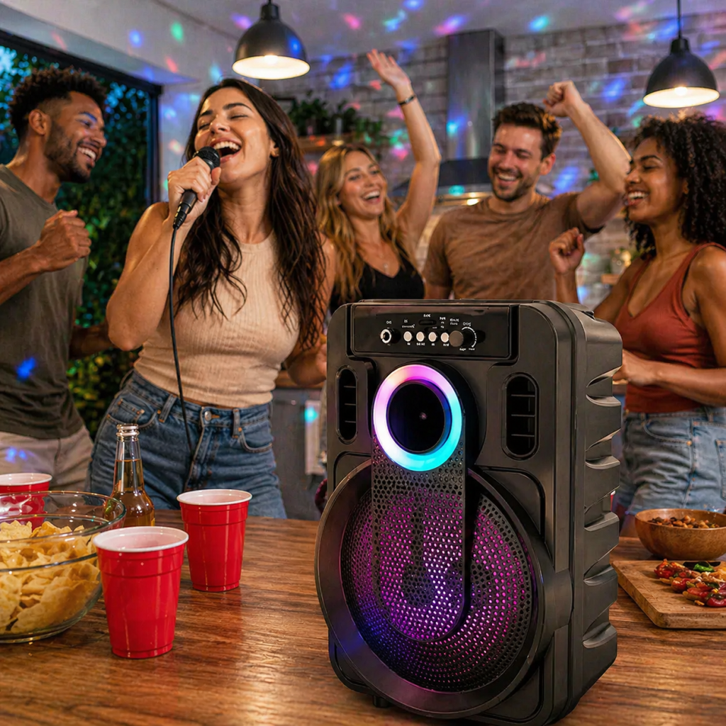 Caixa de som Karaokê Grasep D-S8122 - Alto falante 8", 15w rms e microfone incluído