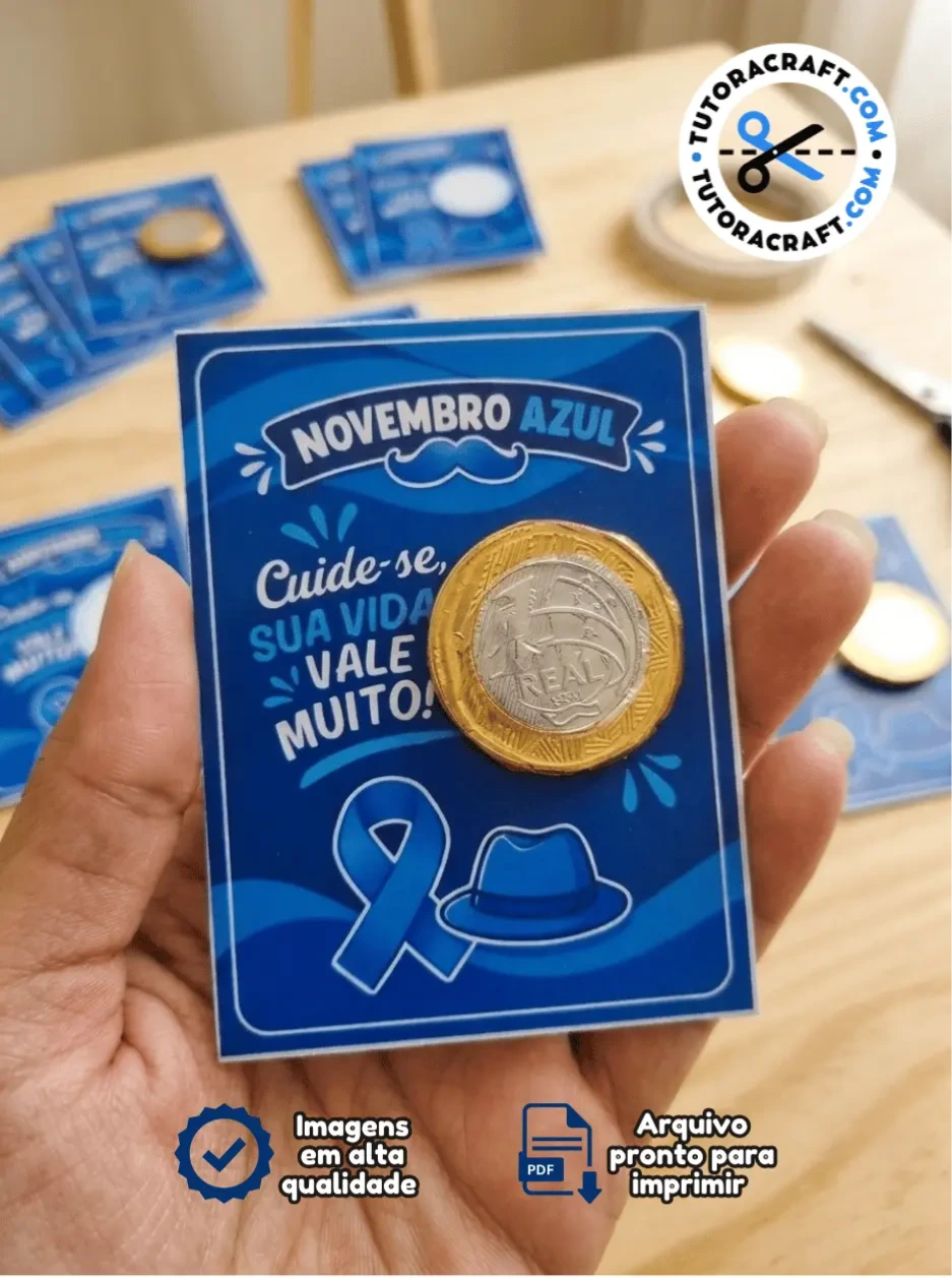 Card Moeda de Chocolate Para Lembrancinha de Novembro Azul