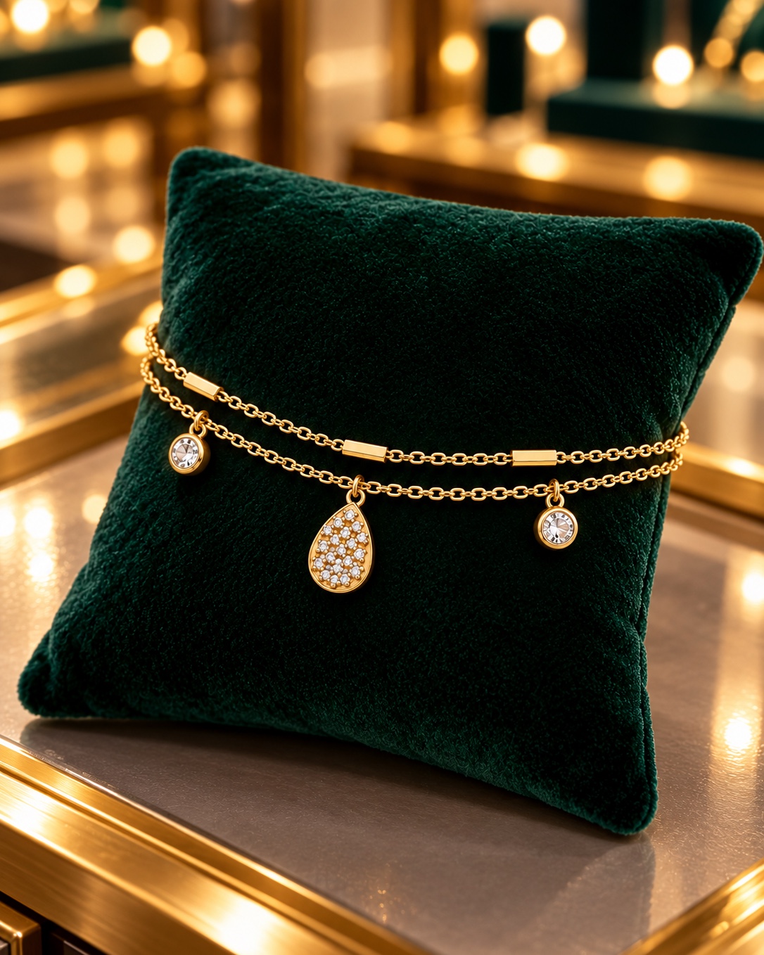 Pulseira Dupla com Gota Cravejada e Ponto de Luz
