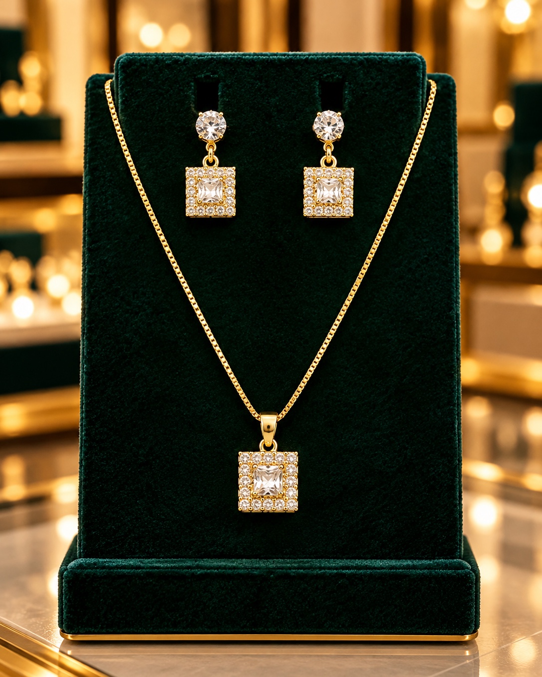 Conjunto Quadrado Cravejado De Zircônias Cristais (45cm+5cm).