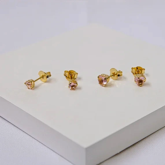 Dupla de brinco dourado infantil coração rosa P e M