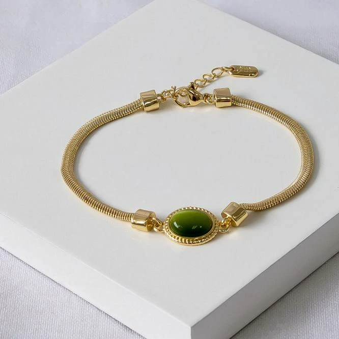 Pulseira dourada pedra verde