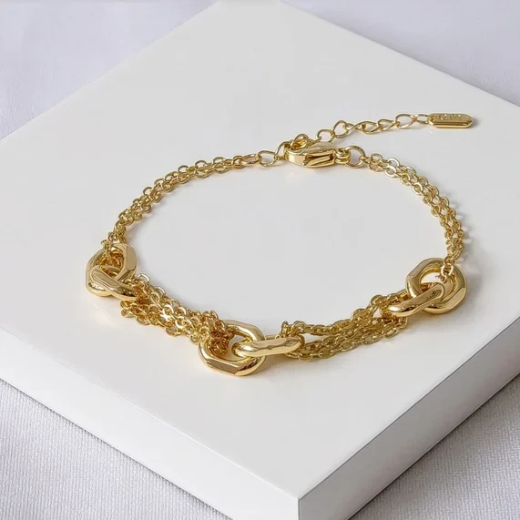 Pulseira dourada dupla elos vazados