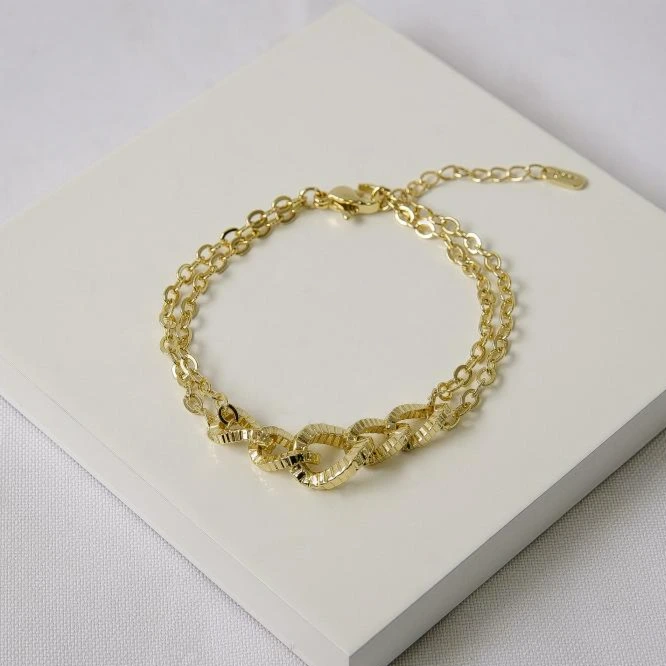 Pulseira dourada dupla elos diamantados