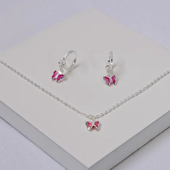 Conjunto prata infantil borboleta rosa