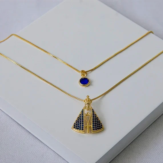 Colar dourado duplo Nossa Senhora Aparecida cravejada