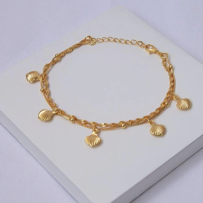 Pulseira dourada dupla bolinhas e conchas
