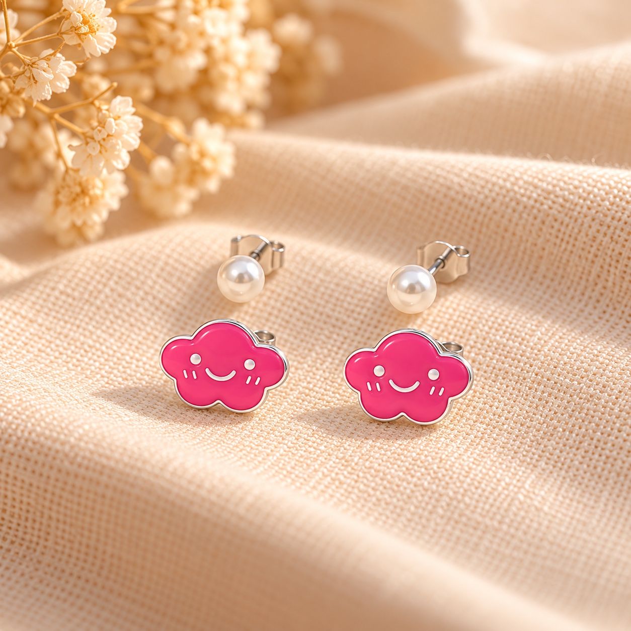 Dupla de brinco prata infantil pérola e nuvem rosa